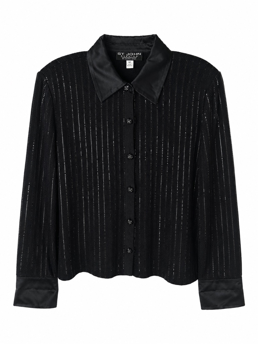 St. John Evening by Marie Gray Pleated Knit Satin Collar Jacket Top Black Sz 12